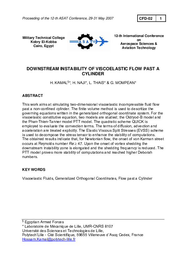 (PDF) Downstream Instability of Viscoelastic Flow Past a Cylinder