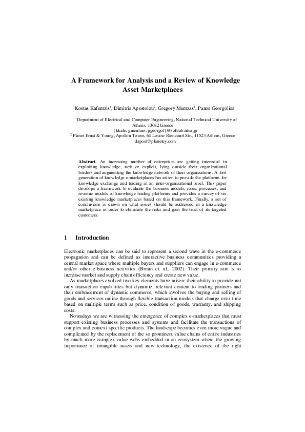 (PDF) A Framework for Analysis and a Review of Knowledge Asset Marketplaces