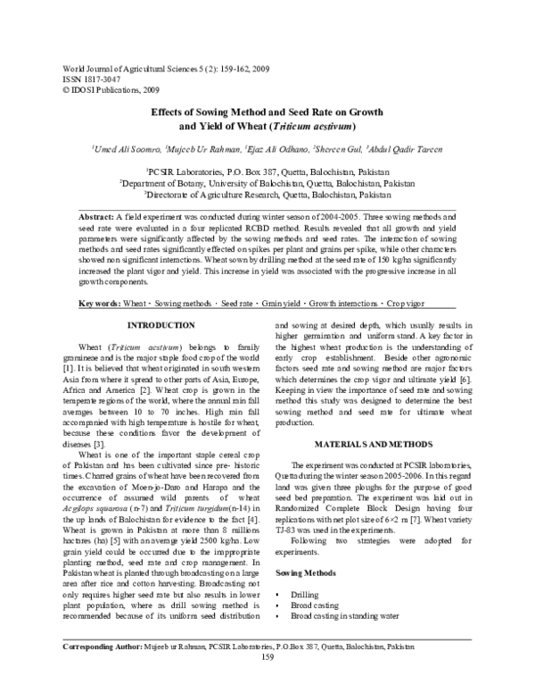 (PDF) Effects of Sowing Method and Seed Rate on Growth and Yield of ...