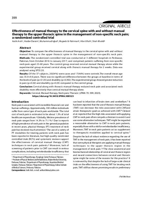 (PDF) Effectiveness of manual therapy to the cervical spine with and without manual therapy to
