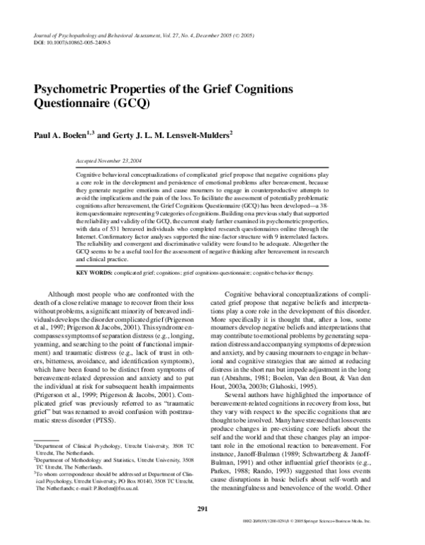 (PDF) Psychometric Properties of the Grief Cognitions Questionnaire (GCQ)