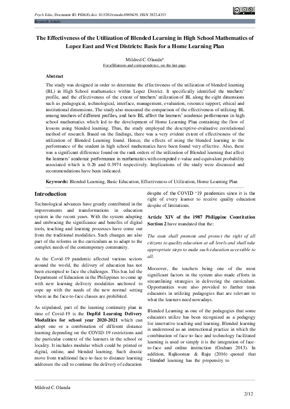 (PDF) The Effectiveness of the Utilization of Blended Learning in High ...
