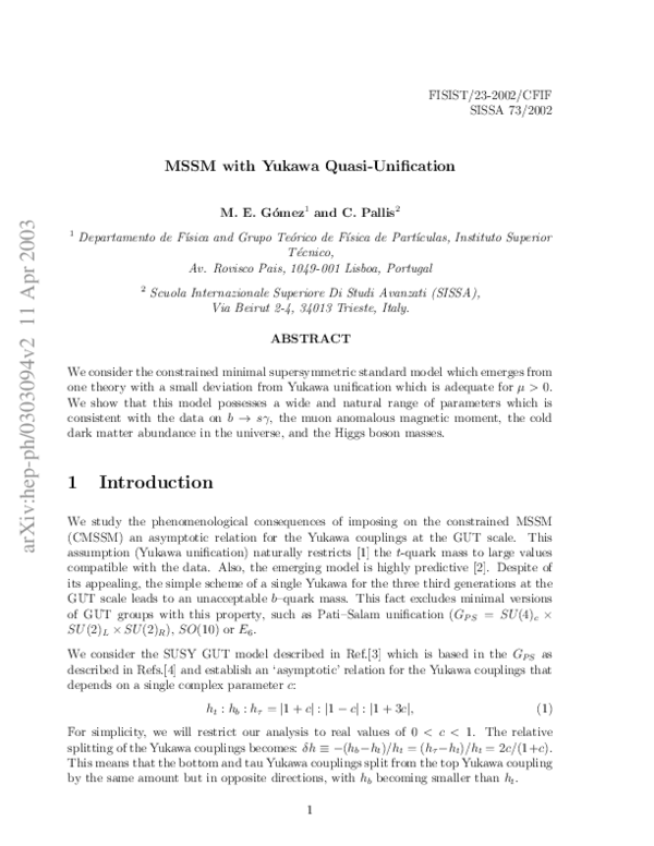(PDF) MSSM With Yukawa Quasi-Unification