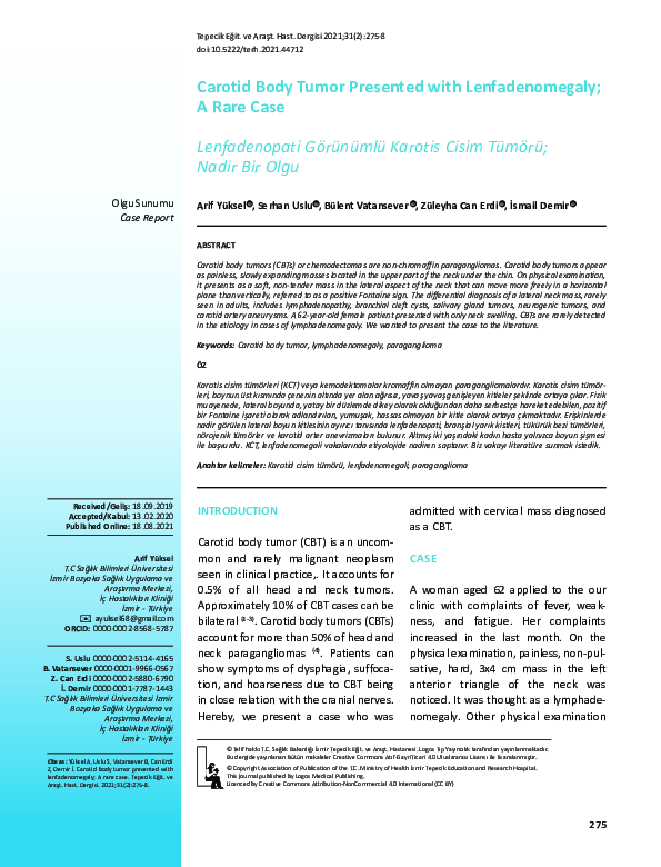 (PDF) Carotid Body Tumor Presented with Lenfadenomegaly; A Rare Case