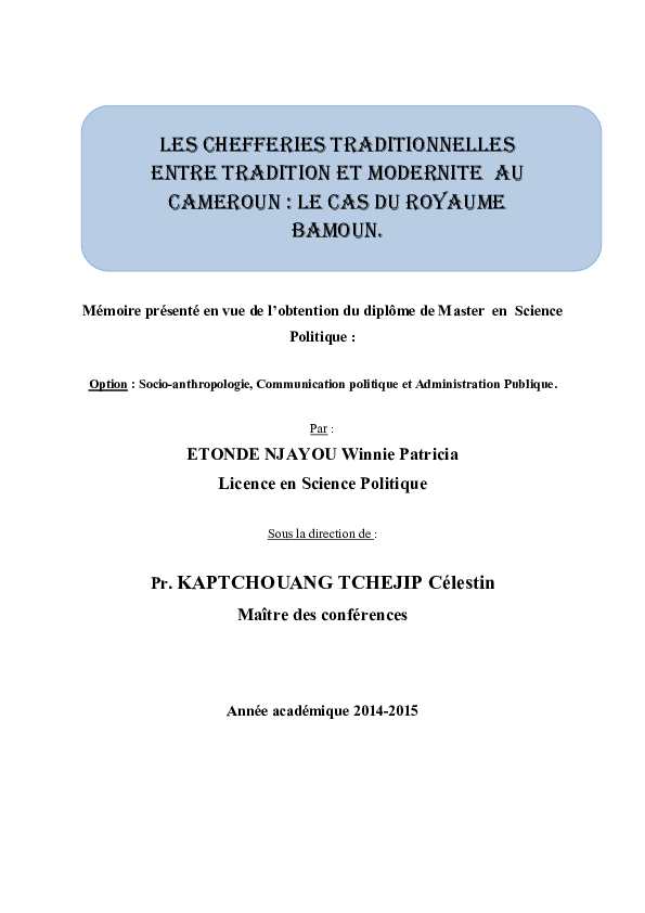 (PDF) LES CHEFFERIES TRADITIONNELLES ENTRE TRADITION ET MODERNITE AU