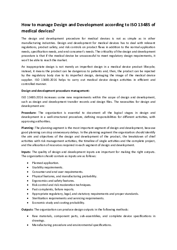 (DOC) How to manage Design and Development according to ISO 13485 of ...