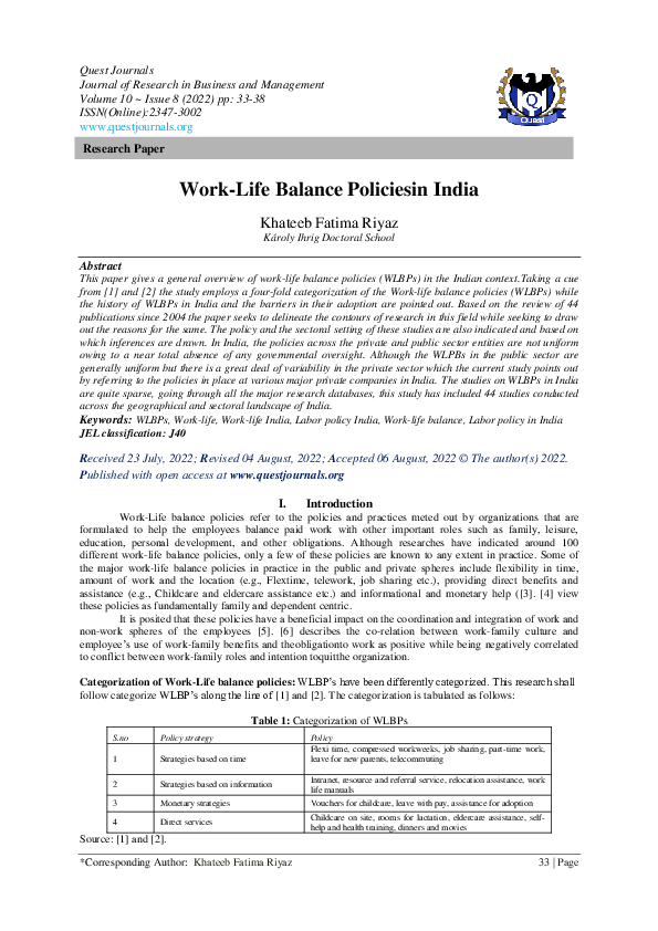 (PDF) Work-Life Balance Policiesin India