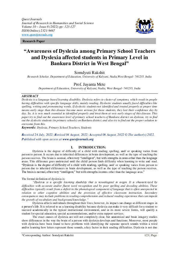 (PDF) "Awareness of Dyslexia among Primary School Teachers and Dyslexia ...