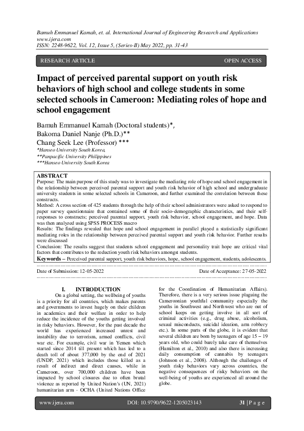 (PDF) Impact of perceived parental support on youth risk behaviors of ...