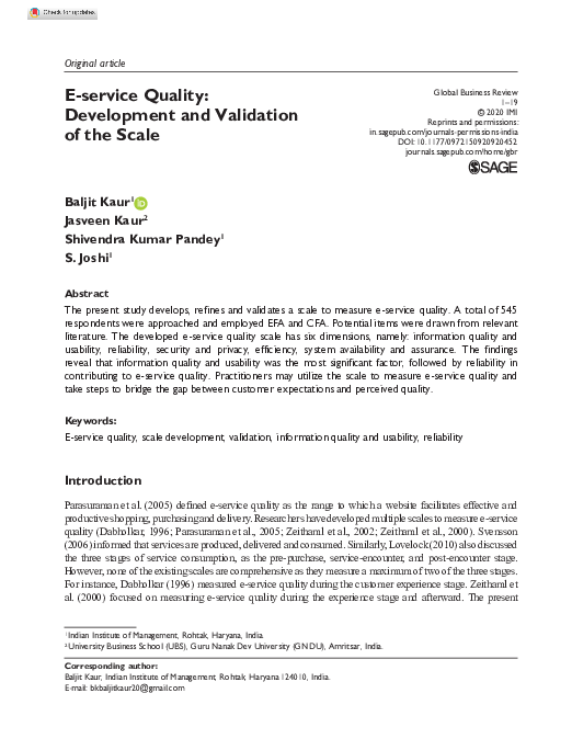 (PDF) E-service Quality: Development and Validation of the Scale