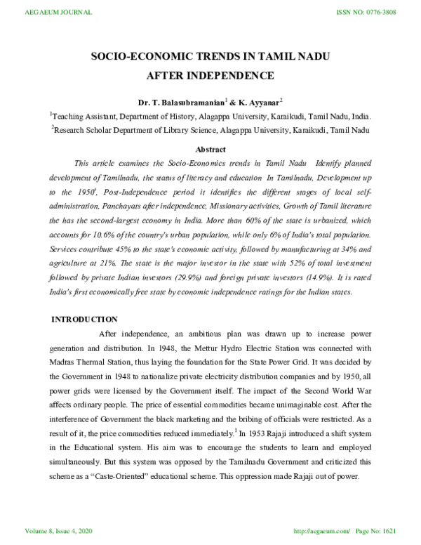 Pdf Socio Economic Trends In Tamil Nadu After Independence