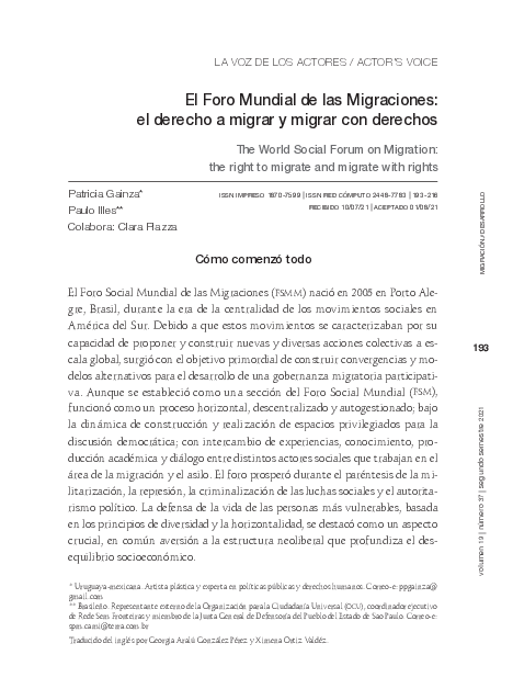 (PDF) El Foro Mundial de las Migraciones el derecho a migrar y migrar