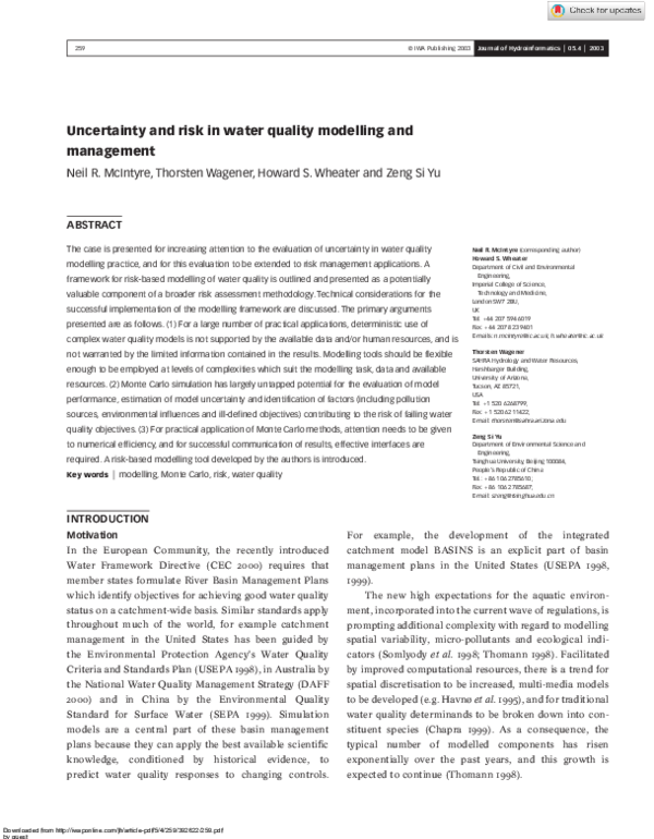 (PDF) Uncertainty and risk in water quality modelling and management