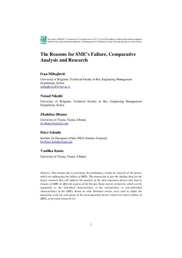 (PDF) The Reasons for SME's Failure, Comparative Analysis and Research