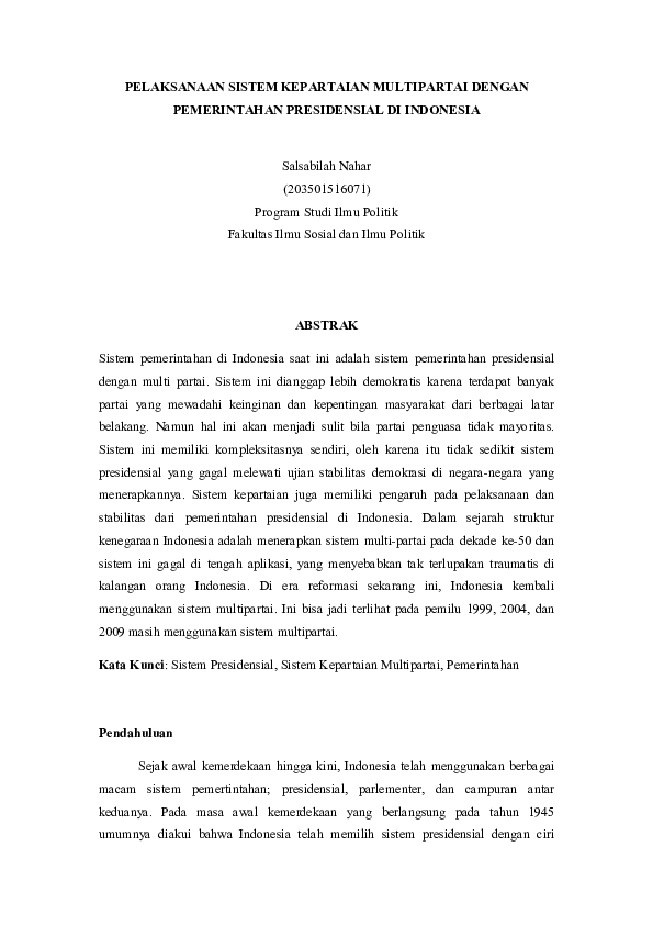 (PDF) PELAKSANAAN SISTEM KEPARTAIAN MULTIPARTAI DENGAN | salsabilah ...