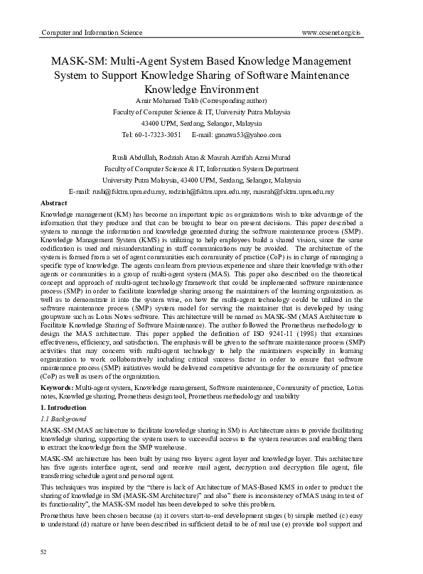 (PDF) MASK-SM: Multi-Agent System Based Knowledge Management System to ...
