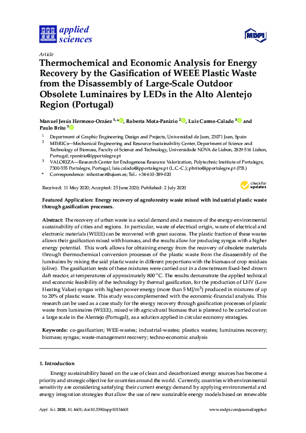 (PDF) Thermochemical and Economic Analysis for Energy Recovery by the ...