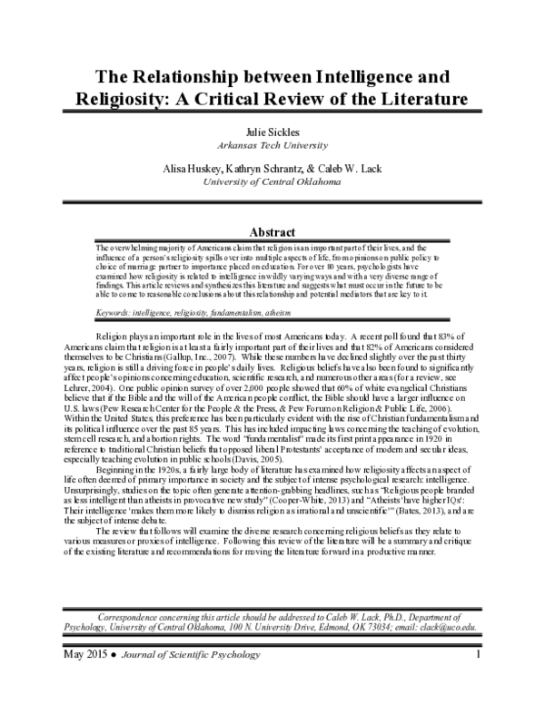 (PDF) The Relationship between Intelligence and Religiosity : A ...