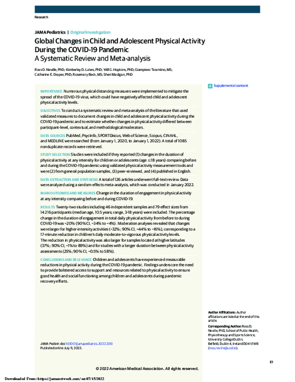 (PDF) Global Changes in Child and Adolescent Physical Activity During ...