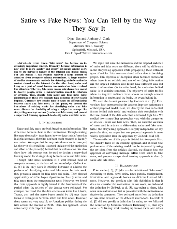 (PDF) Satire vs Fake News You Can Tell by the Way They Say It Dipto