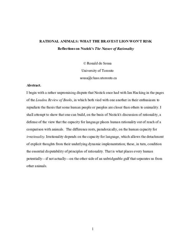 (PDF) Rational Animals: What the Bravest Lion Won't Risk Reflections on ...