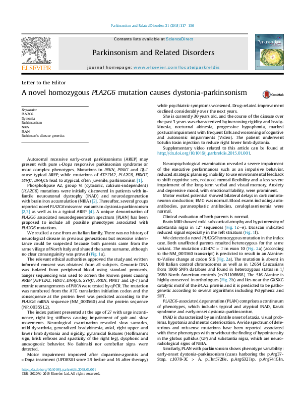 (PDF) A novel homozygous PLA2G6 mutation causes dystonia-parkinsonism