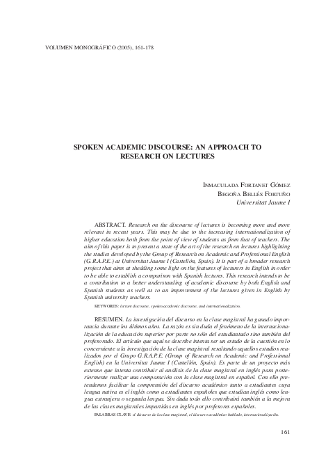 (PDF) Spoken academic discourse: an approach to research on lectures