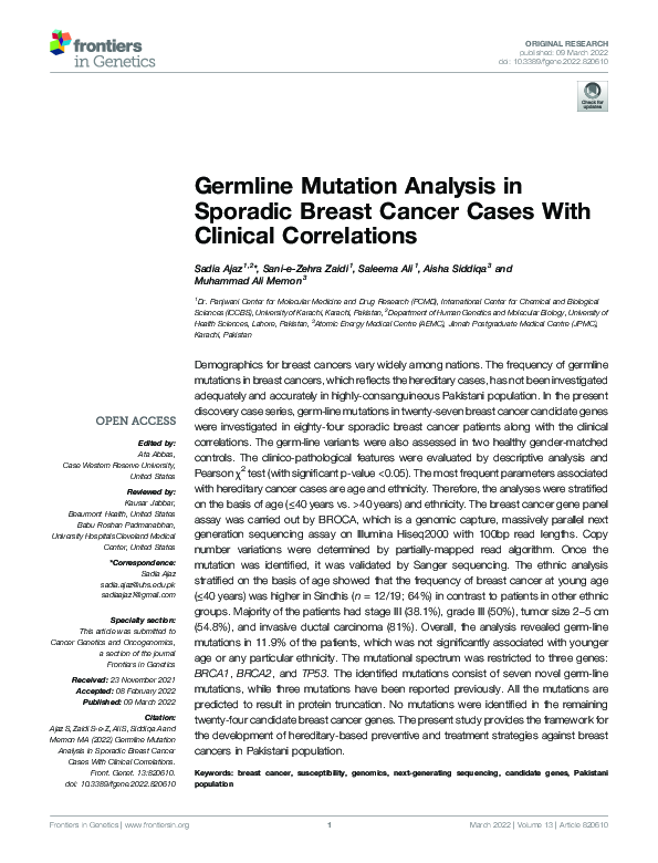 (PDF) Germline Mutation Analysis in Sporadic Breast Cancer Cases With ...