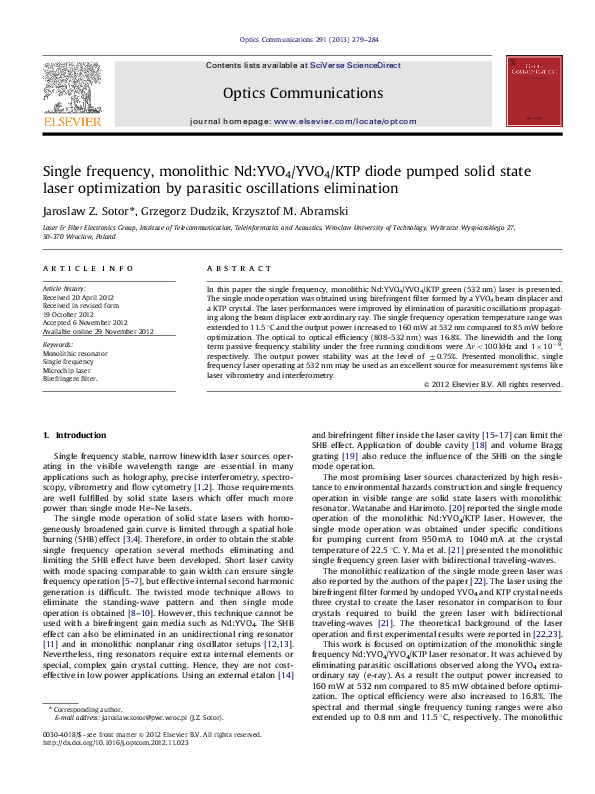 (PDF) Single frequency, monolithic Nd:YVO4/YVO4/KTP diode pumped solid ...