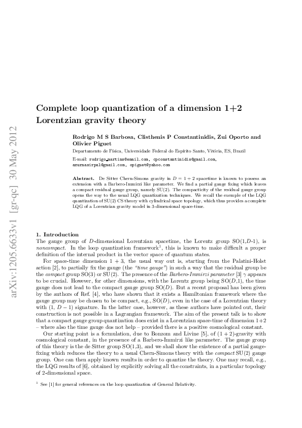(PDF) Complete loop quantization of a dimension 1+2 Lorentzian gravity