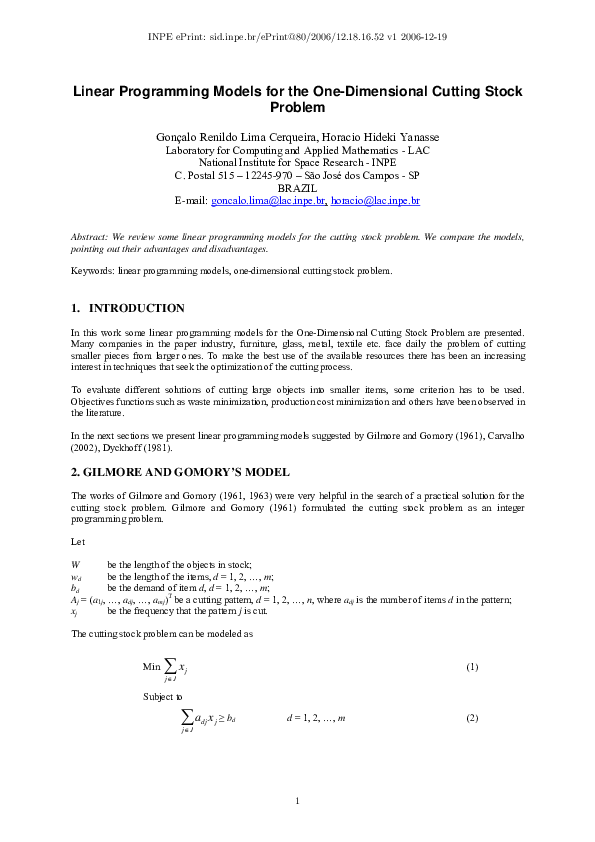 (PDF) Linear Programming Models for the One-Dimensional Cutting Stock ...