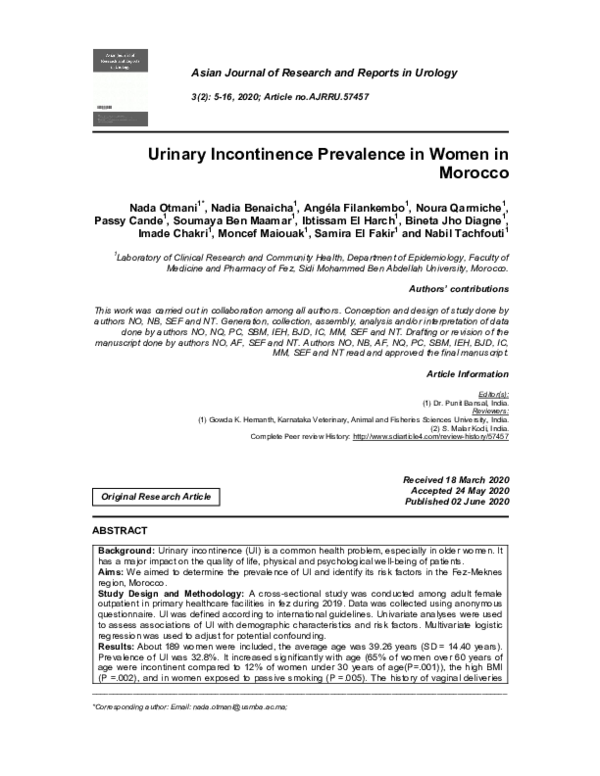 (PDF) Urinary Incontinence Prevalence in Women in Morocco