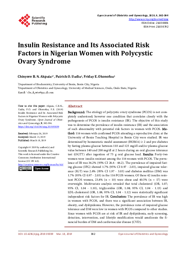 (PDF) Insulin Resistance and Its Associated Risk Factors in Nigerian ...