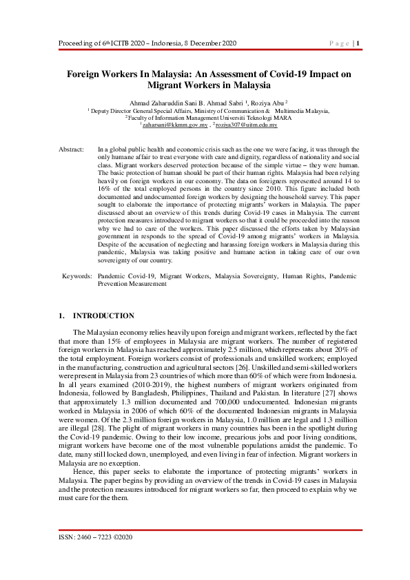 (PDF) Foreign Workers In Malaysia: An Assessment of Covid-19 Impact on ...