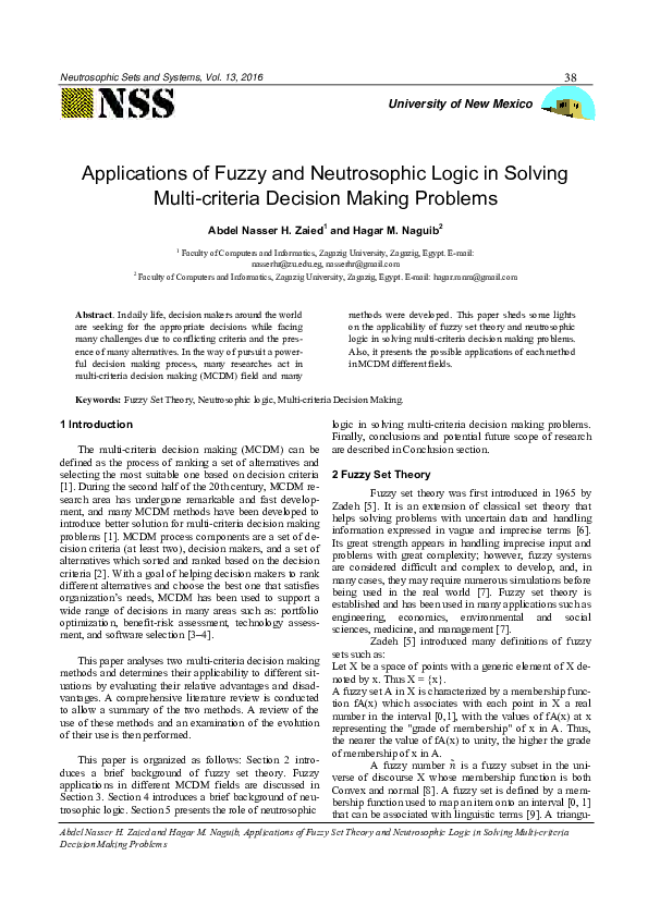 (PDF) Applications Of Fuzzy And Neutrosophic Logic In Solving Multi ...