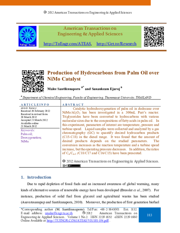 (PDF) Production of Hydrocarbons from Palm Oil Over NiMo Catalyst
