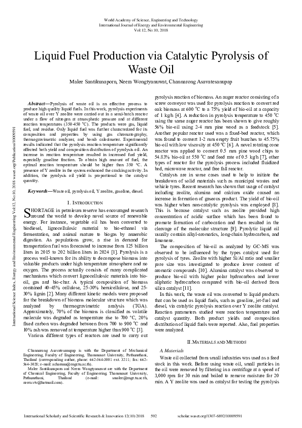 (PDF) Liquid Fuel Production Via Catalytic Pyrolysis Of Waste Oil