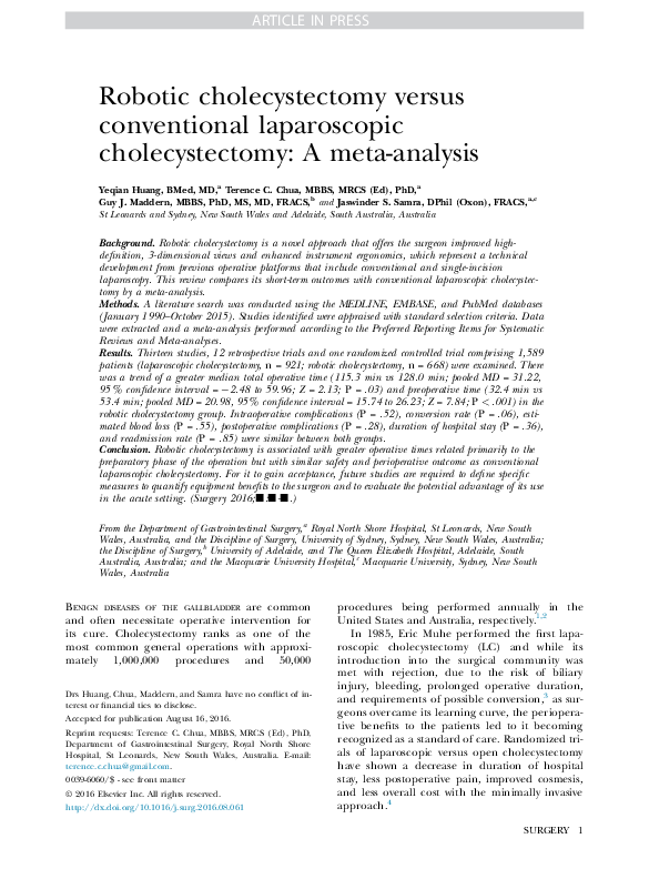 (PDF) Robotic cholecystectomy versus conventional laparoscopic ...
