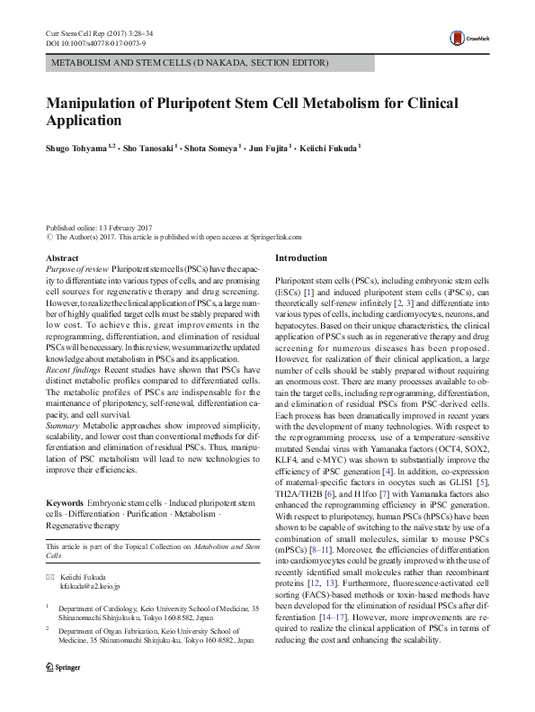 (PDF) Manipulation of Pluripotent Stem Cell Metabolism for Clinical ...