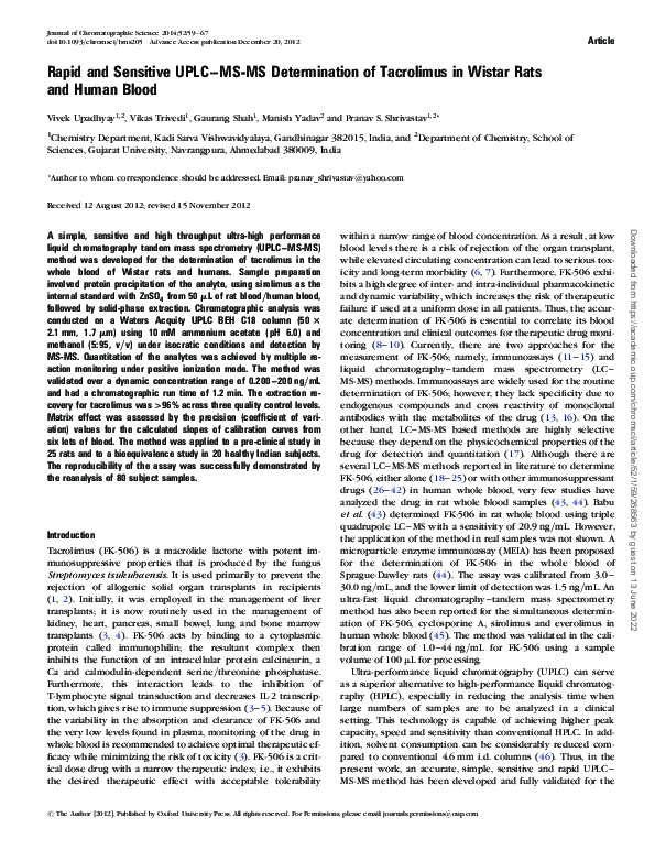 (PDF) Rapid and Sensitive UPLC–MS-MS Determination of Tacrolimus in ...