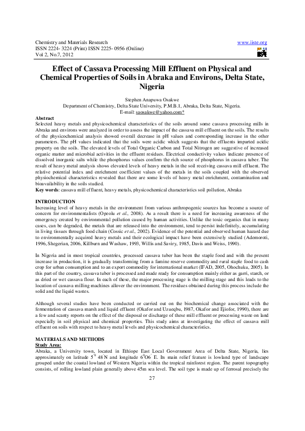 (PDF) Effect of Cassava Processing Mill Effluent on Physical and ...