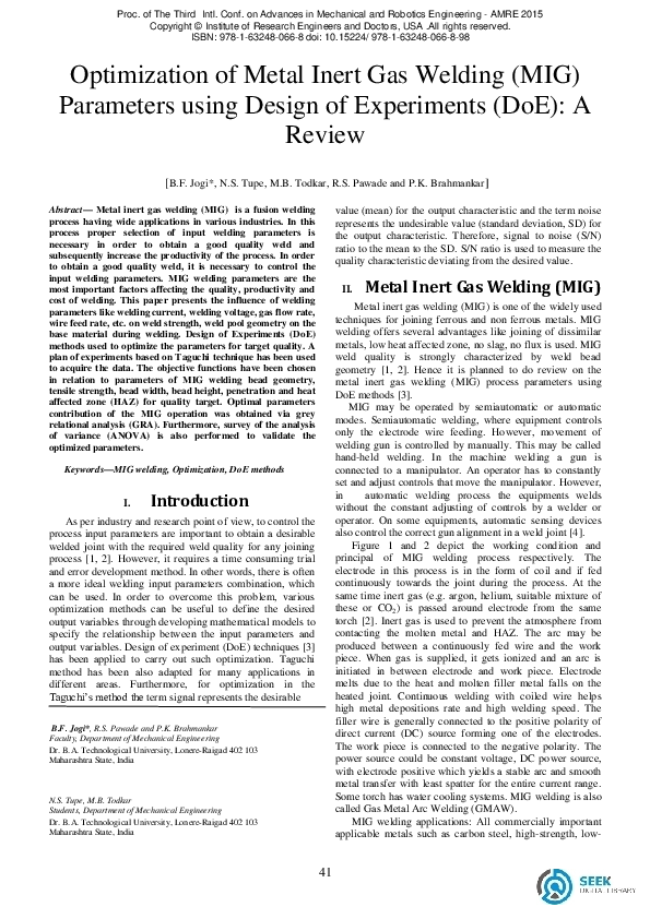 (PDF) Optimization of Metal Inert Gas Welding MIG Parameters using