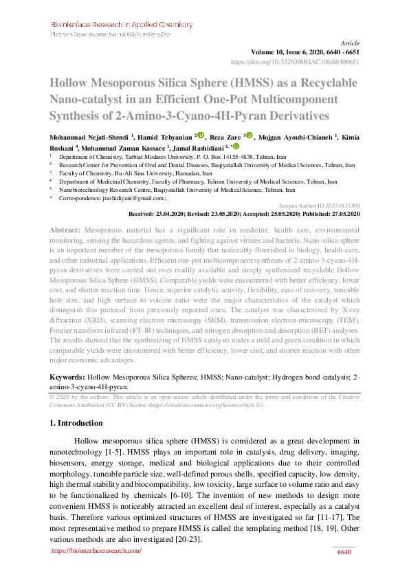 (PDF) Hollow Mesoporous Silica Sphere (HMSS) as a Recyclable Nano ...