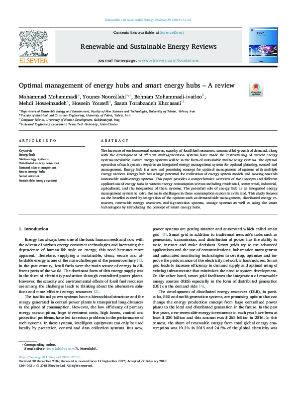 (PDF) Optimal management of energy hubs and smart energy hubs – A review