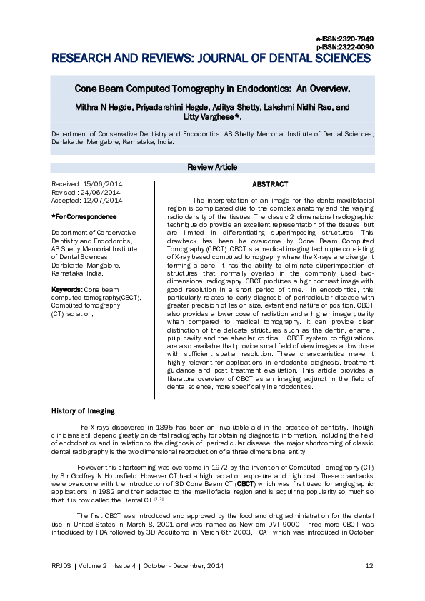 (PDF) Cone Beam Computed Tomography in Endodontics: An Overview