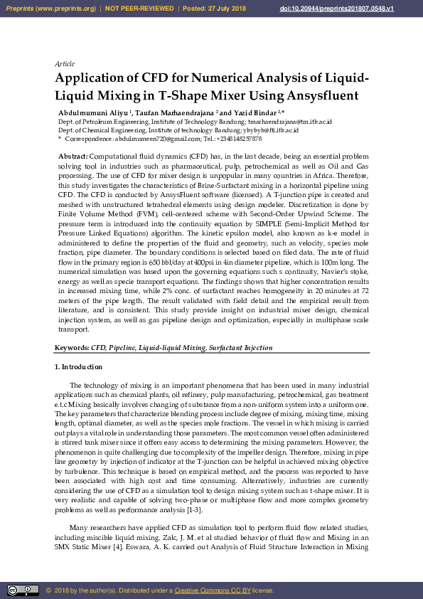 (PDF) Application of CFD for Numerical Analysis of LiquidLiquid Mixing