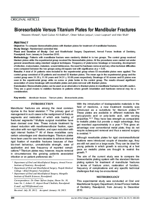 (PDF) Bioresorbable versus titanium plates for mandibular fractures