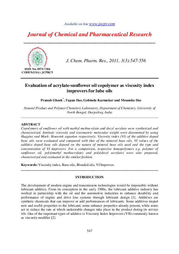 (PDF) Evaluation of acrylate-sunflower oil copolymer as viscosity index ...