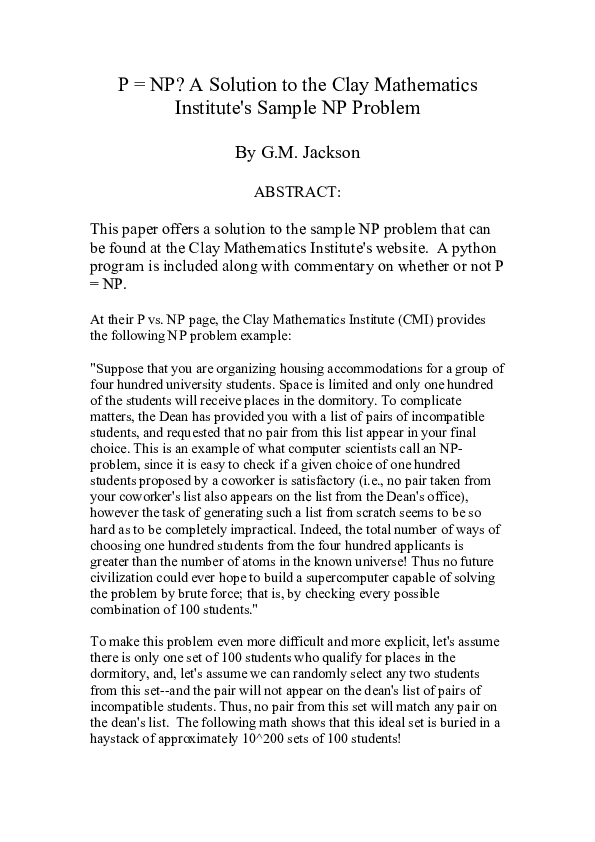 (PDF) P = NP? A Solution to the Clay Mathematics Institute's Sample NP ...
