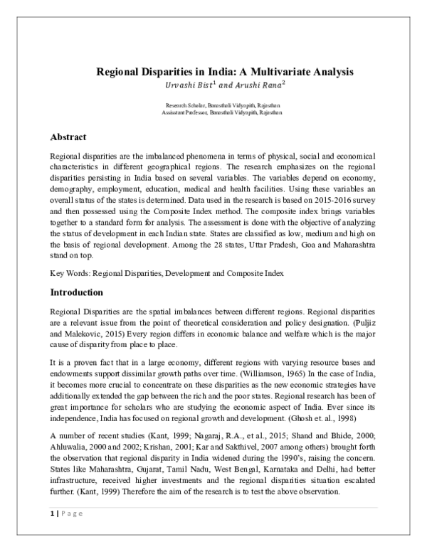 (PDF) Regional Disparities in India: A Multivariate Analysis